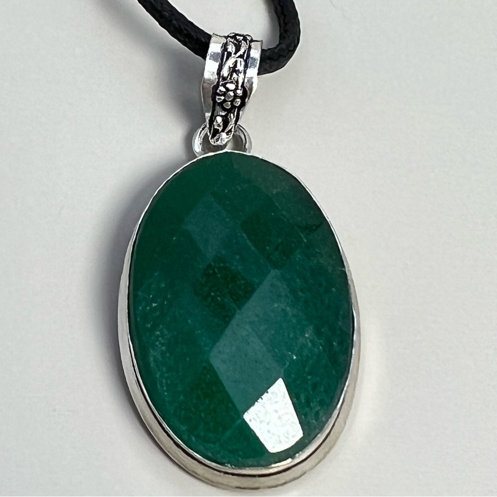 New Faceted Enhanced Emerald Stone Silver Overlay Pendant Necklace with Cord